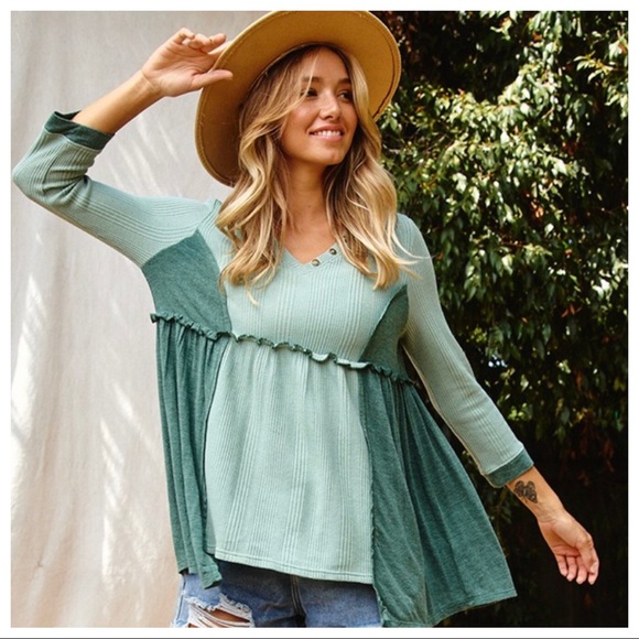 Alex 3/4 Sleeves Boho V Neck BabyDoll Color Block Top - Picture 5 of 6